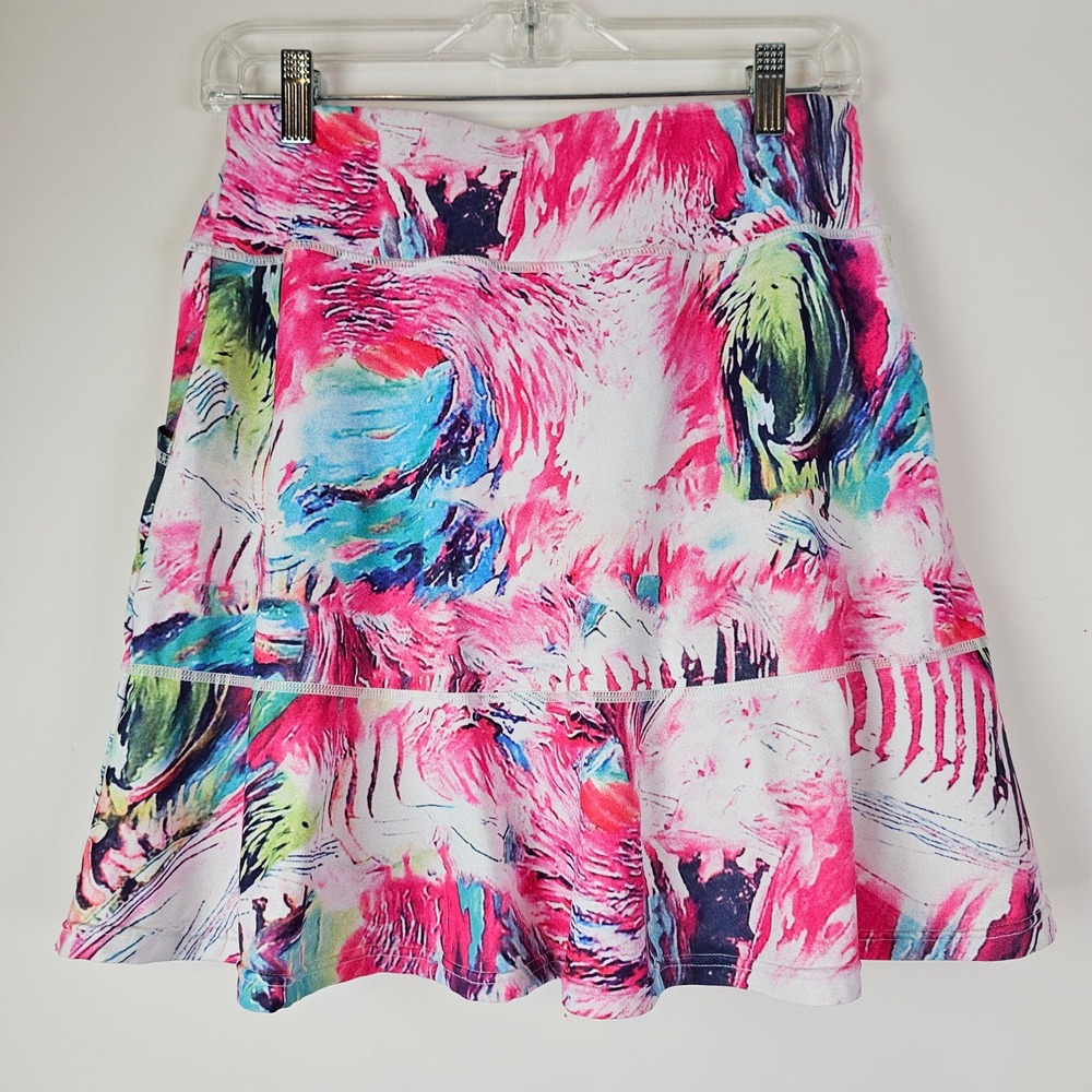 Women Abstract Pink Blue Athletic Skort Side Pocket Tiered Flounce Hem Size M